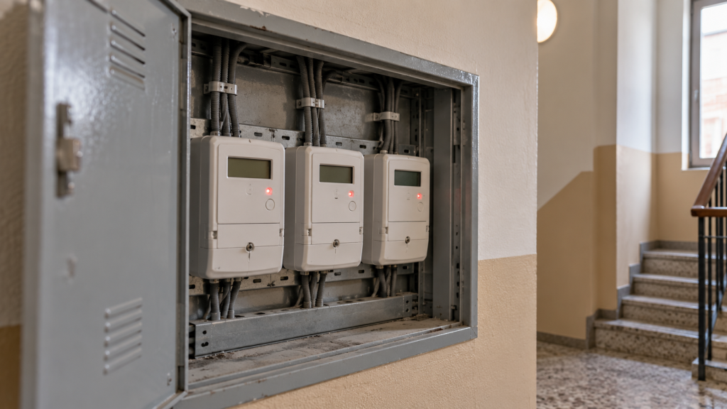 Tres contadores de luz digitales en un armario abierto en el rellano de un edificio
